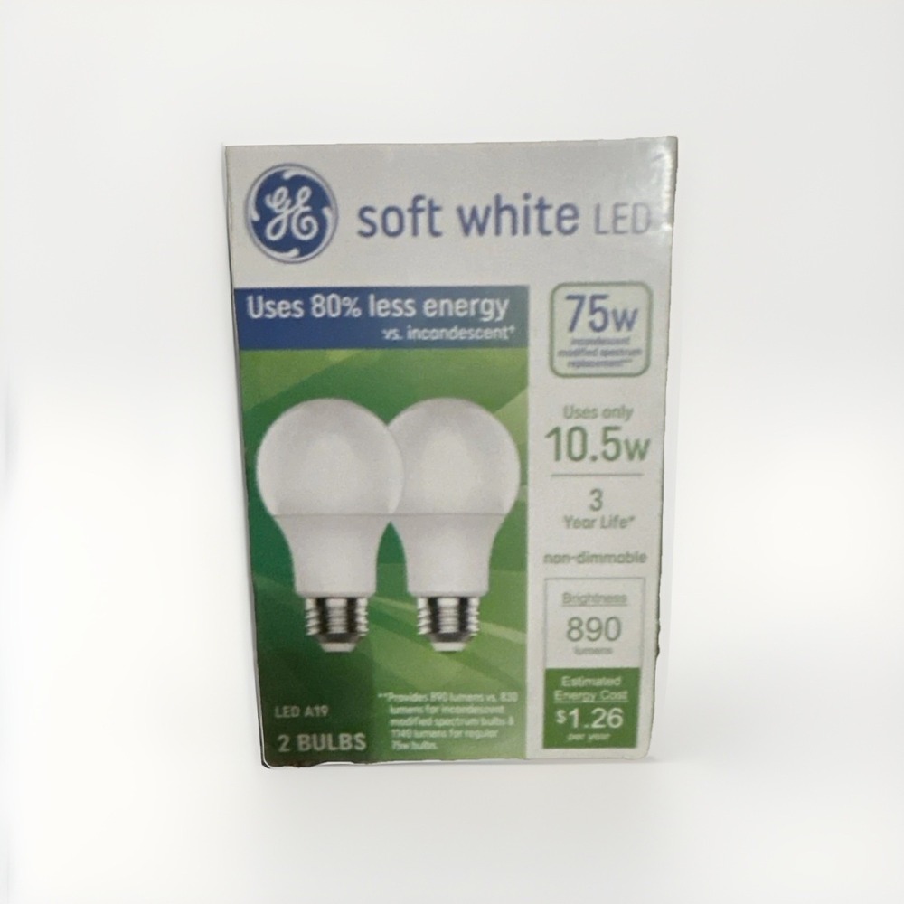GE Soft White LED A19 Light Bulbs 75W Equivalent 10.5W 890 Lumens 2 Pack